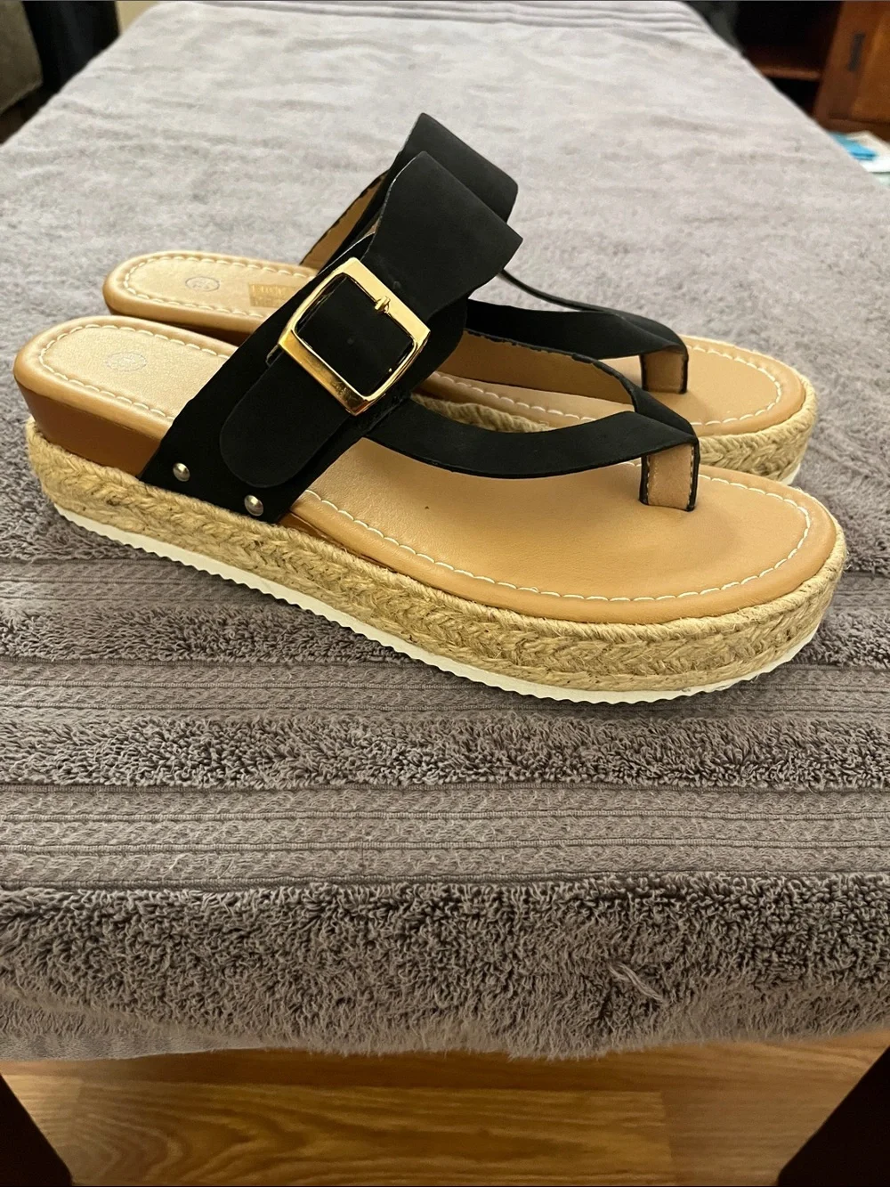 Black Espadrille Platform Thong Wedges with Gold Buckle